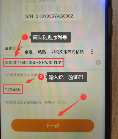 復制粘貼剛才的序列號，因為機身沒有驗證碼，這里輸入統一的123456就可以點擊下一步了